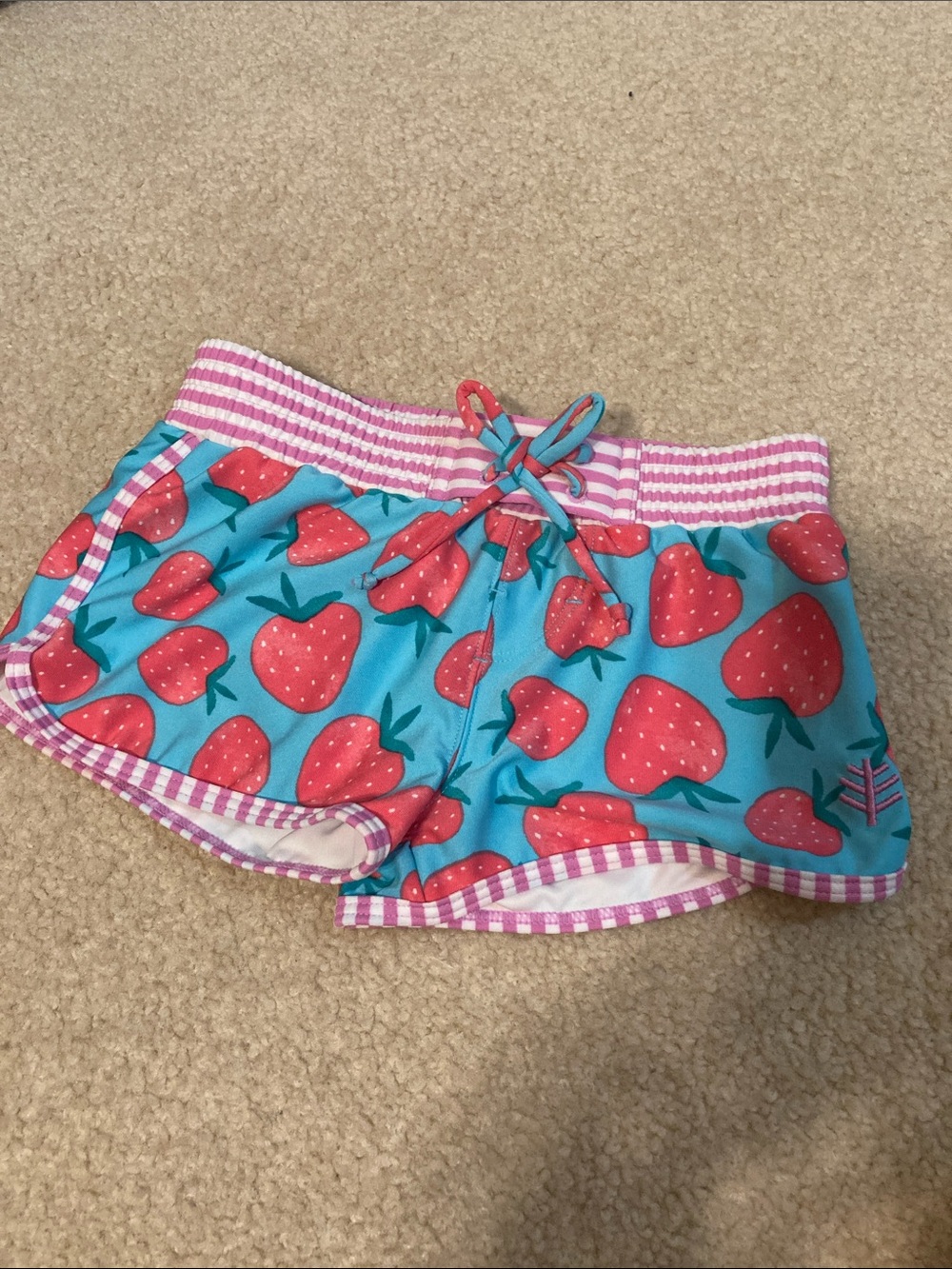 Coolibar Girls Blue Swim Trunks with Pink Strawberry Print- new without tags
